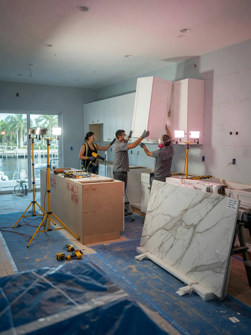 Ultra-realistic 8K image of a modern Cape Coral kitchen renovation in progress, workers installing custom white cabinetry, marble countertops, construction lighting, protective floor coverings, detailed and photorealistic