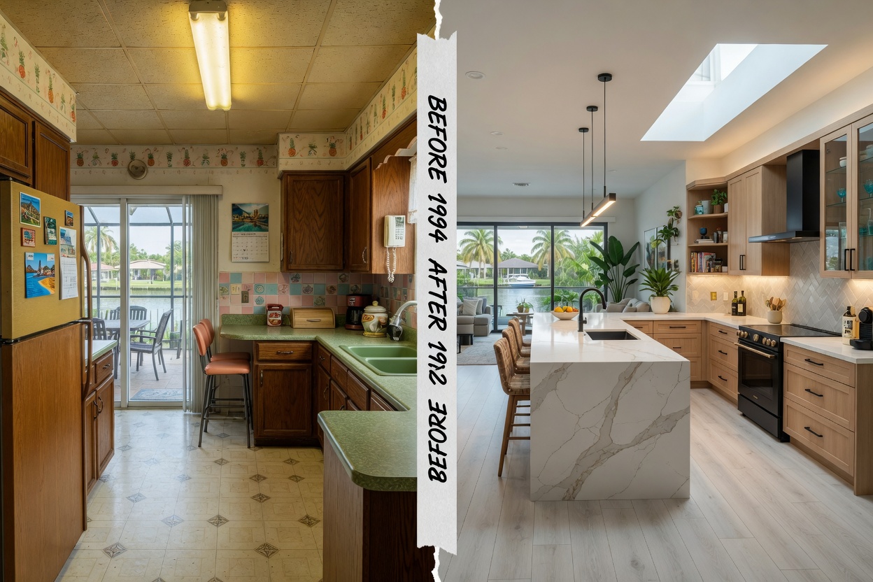 Ultra-realistic before and after split image of a dated 1990s kitchen renovation in Cape Coral becoming a modern open concept kitchen, 8K resolution