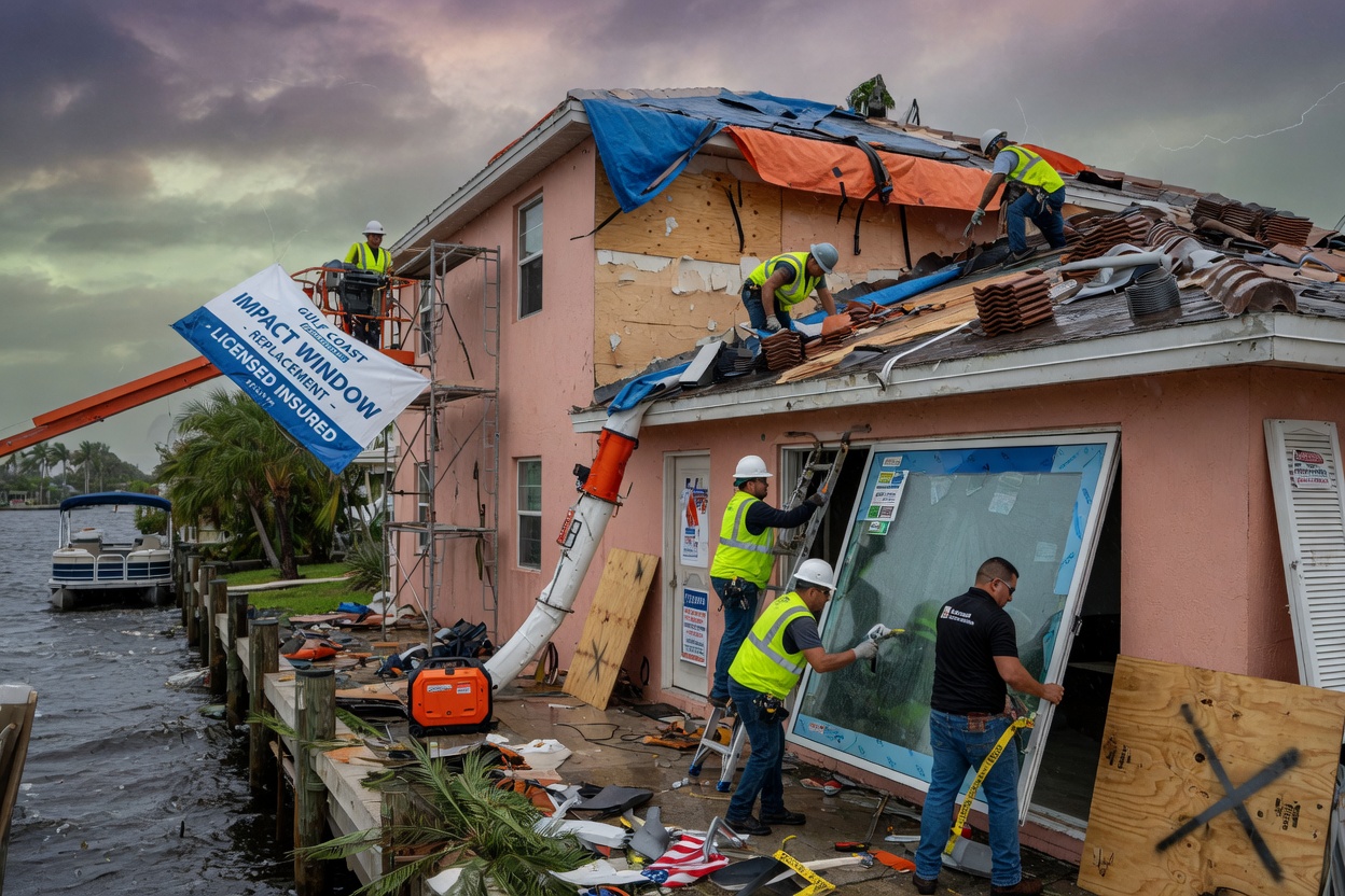 Ultra-detailed 8K photograph of hurricane damage restoration on a Cape Coral waterfront home, workers replacing impact windows, roof repair in progress, stormy sky in background, realistic textures and materials