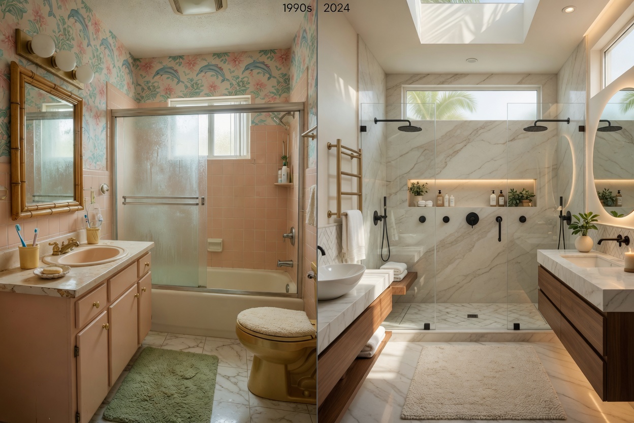 Ultra-realistic 8K before and after split image showing a dated 1990s Cape Coral bathroom transformed into a luxurious modern spa bathroom with walk-in shower, high-end finishes, natural lighting, photorealistic