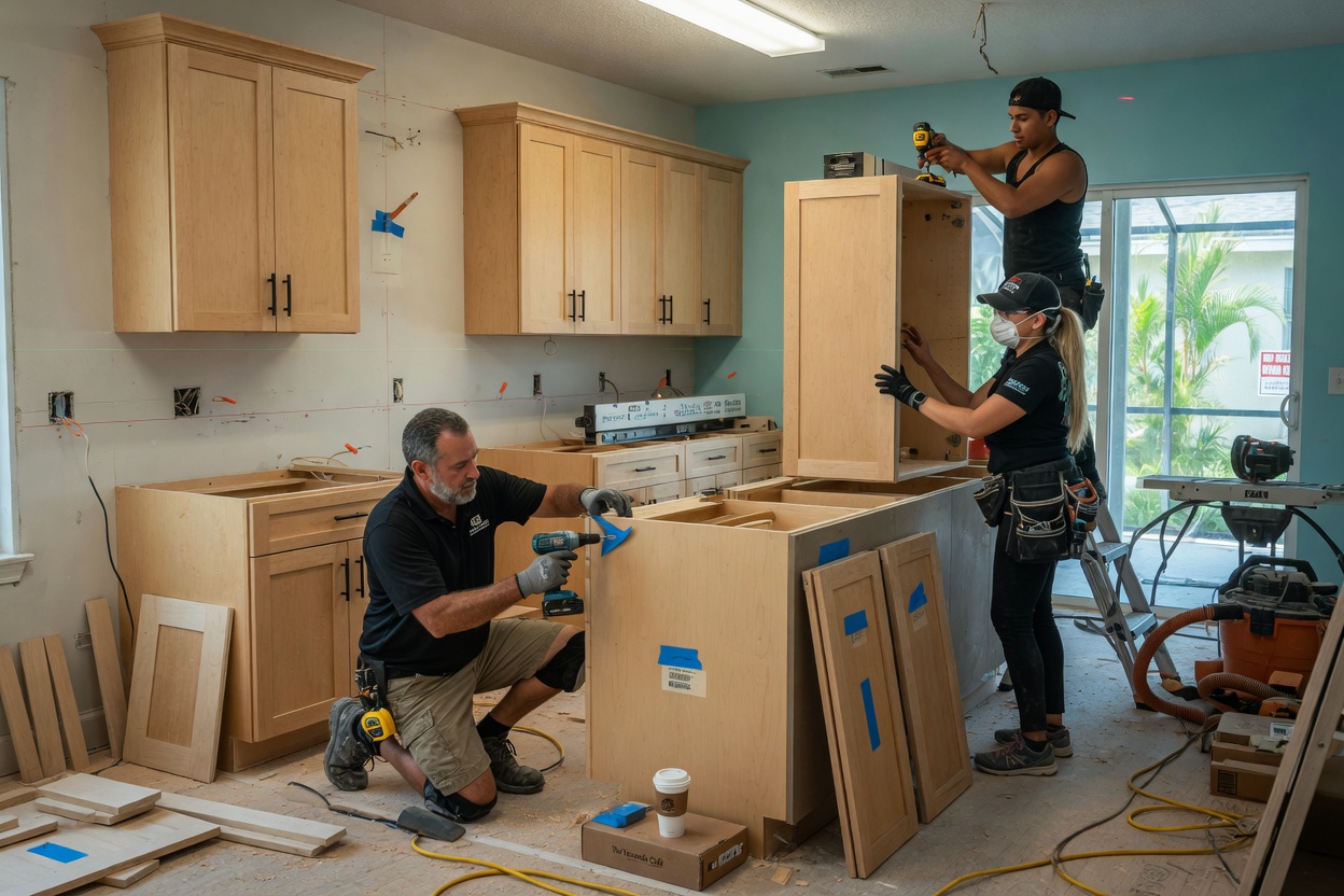 Ultra-realistic 8K image of a professional contractor team installing custom kitchen cabinets in a Fort Myers home, precise craftsmanship and attention to detail