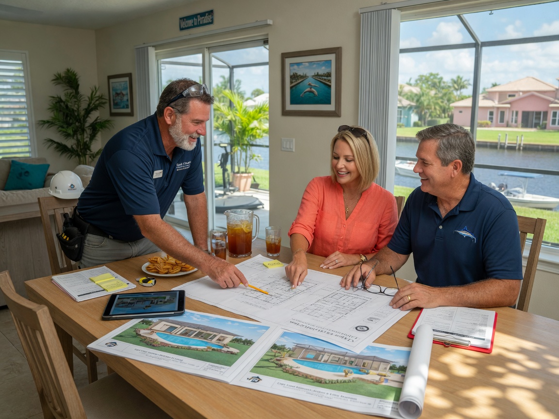 Professional 8K image of a general contractor meeting with a couple at their Cape Coral home, reviewing architectural plans on a dining table, friendly professional atmosphere, natural window light, sharp detail