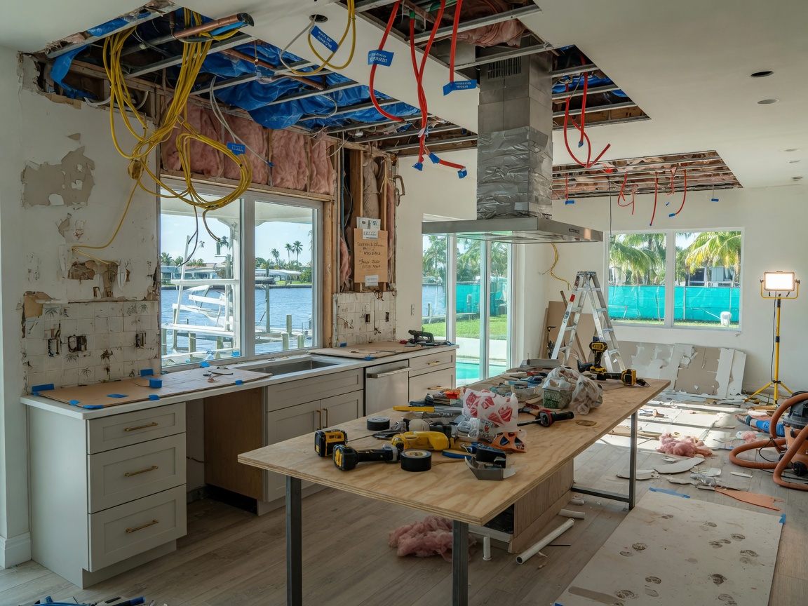 Luxury kitchen renovation in progress with exposed wiring and plumbing in a Cape Coral beach house, construction phase, realistic 8K photography