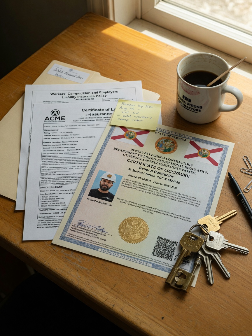 Ultra-realistic 8K close-up of Florida general contractor license certificate and insurance documents on a wooden desk with coffee cup and house keys, natural lighting, documentary style photography