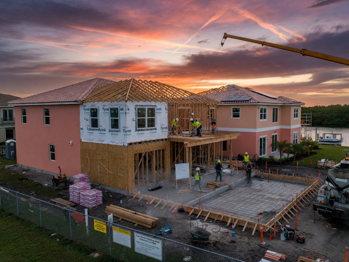 Ultra-realistic 8K time-lapse style image showing construction timeline of a Cape Coral home addition from foundation to finished structure over several months, multiple stages visible in one frame, dramatic sky