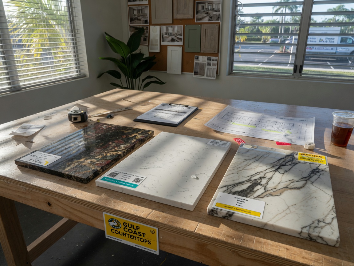 Ultra-detailed 8K image showing different countertop material samples including granite, quartz, and marble laid out on a construction table in a Southwest Florida design studio