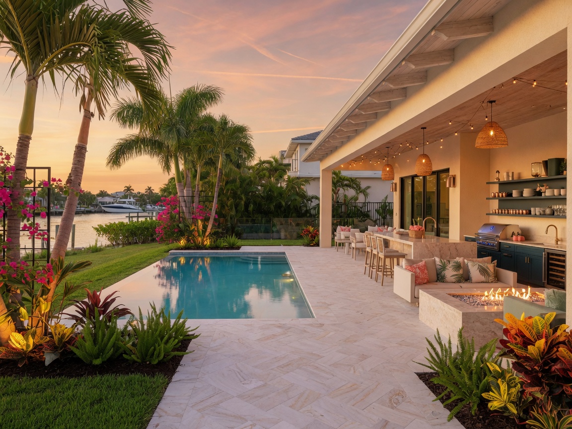 Ultra-detailed 8K photograph of a luxury outdoor living space renovation in Cape Coral including new pool deck, summer kitchen, and covered lanai, tropical landscaping, golden hour lighting, architectural photography