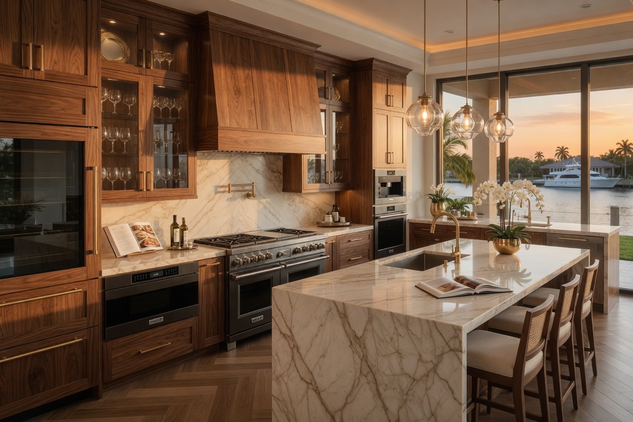 Elegant luxury kitchen with custom wood cabinetry, marble countertops and high-end Wolf appliances in an upscale Cape Coral waterfront residence, golden hour lighting, 8K