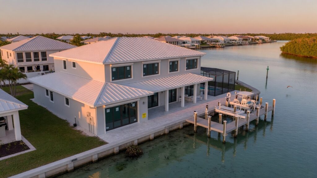 Ultra-realistic 8K aerial photograph of a modern renovated waterfront home in Cape Coral Florida with new impact windows and metal roof during golden hour, showing hurricane hardening features, crystal clear water in background, detailed architectural elements, cinematic lighting
