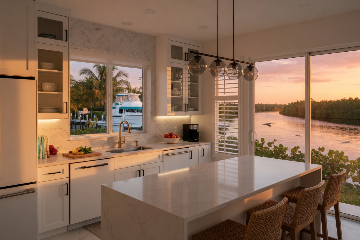 Ultra-realistic 8K photo of a modern Cape Coral Florida kitchen remodel with quartz countertops, white shaker cabinets, and large windows overlooking a canal at golden hour, natural lighting, highly detailed interior design