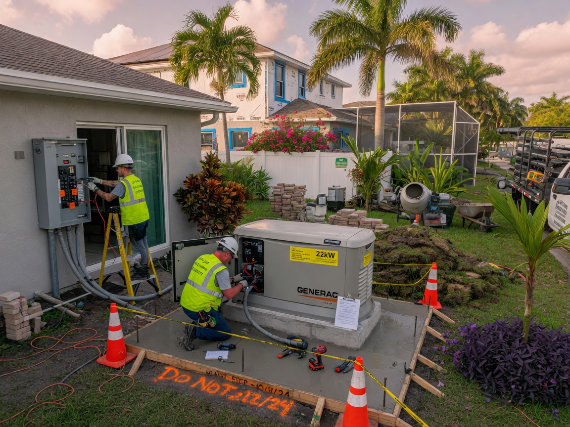 Whole house generator installation in Cape Coral backyard during renovation, concrete pad, transfer switch, professional electricians working, tropical landscaping, realistic 8K rendering
