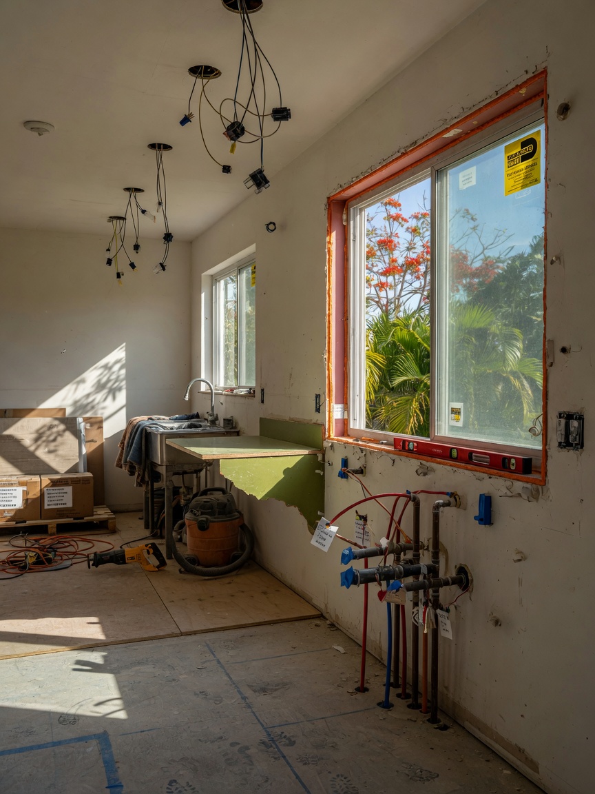 Ultra-realistic 8K photograph of a Southwest Florida kitchen during renovation showing exposed plumbing, electrical work, and hurricane-rated window installation