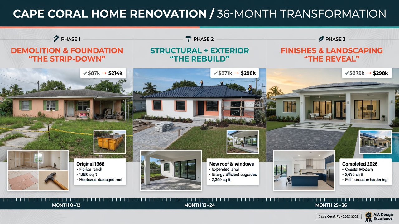 Phased renovation timeline infographic visualization showing Cape Coral home transforming through 3 phases over 36 months, modern design style, realistic home renderings at each stage, clean 8K illustration