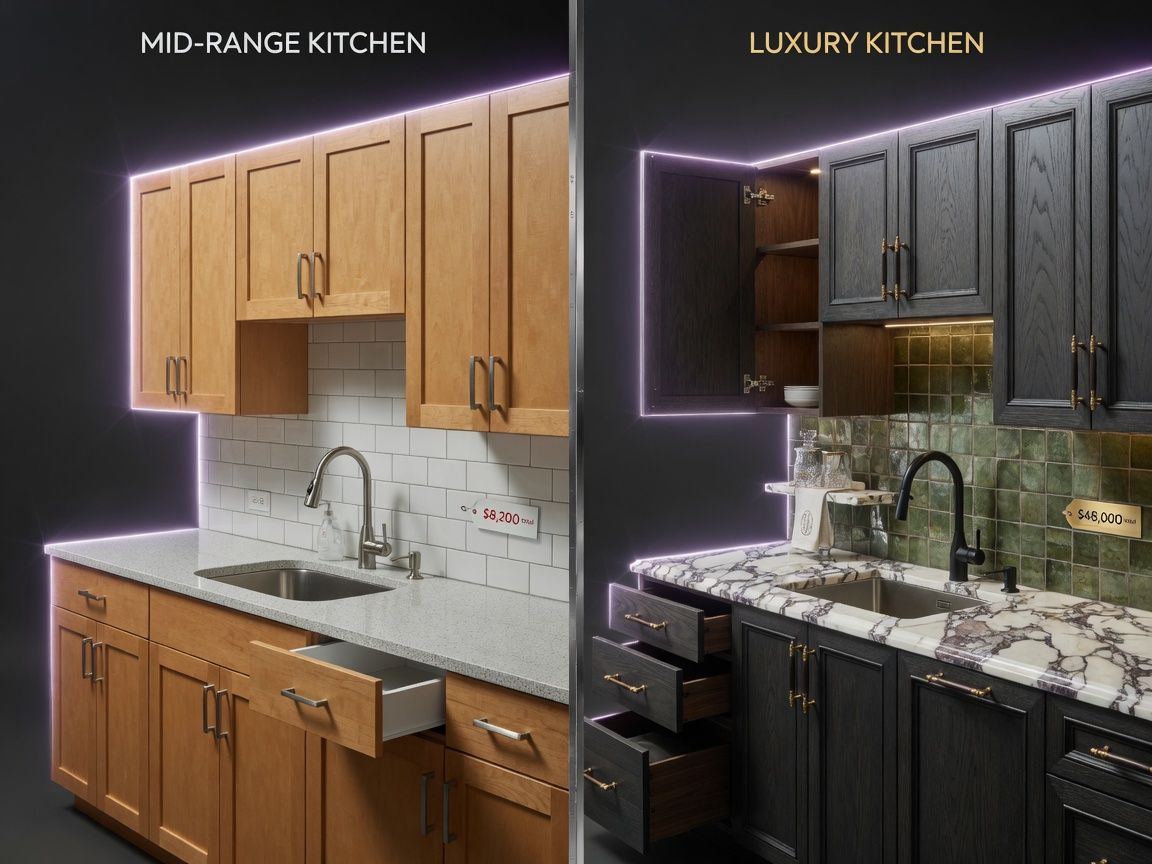 Detailed 8K image comparing mid-range versus luxury kitchen finishes side by side, showing different cabinet styles, countertop materials, and hardware options
