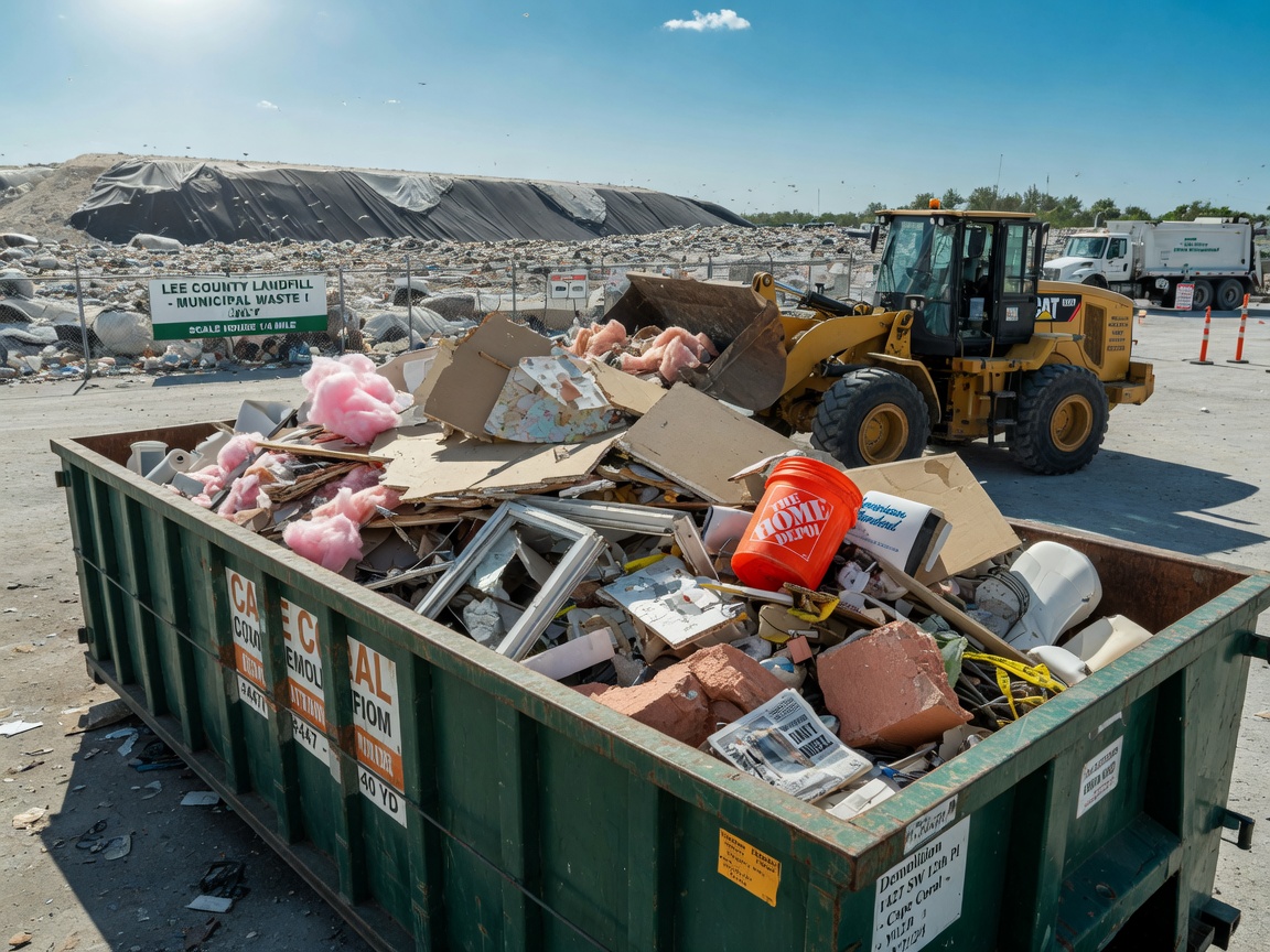 Large dumpster filled with construction debris from Cape Coral home demolition, Lee County landfill in background, realistic waste management scene, bright daylight, ultra-detailed 8K photo