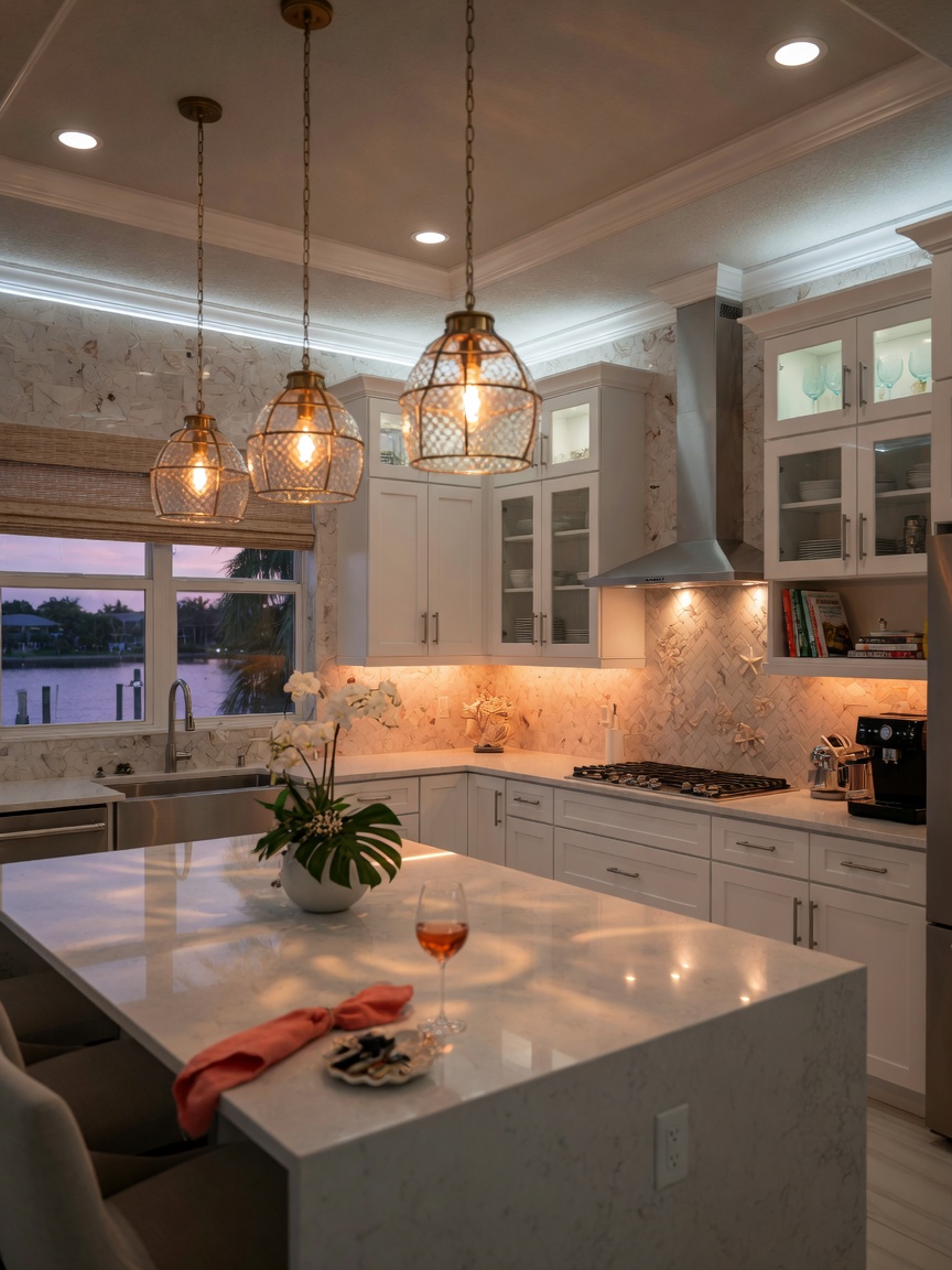 Ultra-realistic 8K photo of completed Cape Coral kitchen with layered lighting design including under-cabinet, pendant, and recessed lighting, evening ambiance