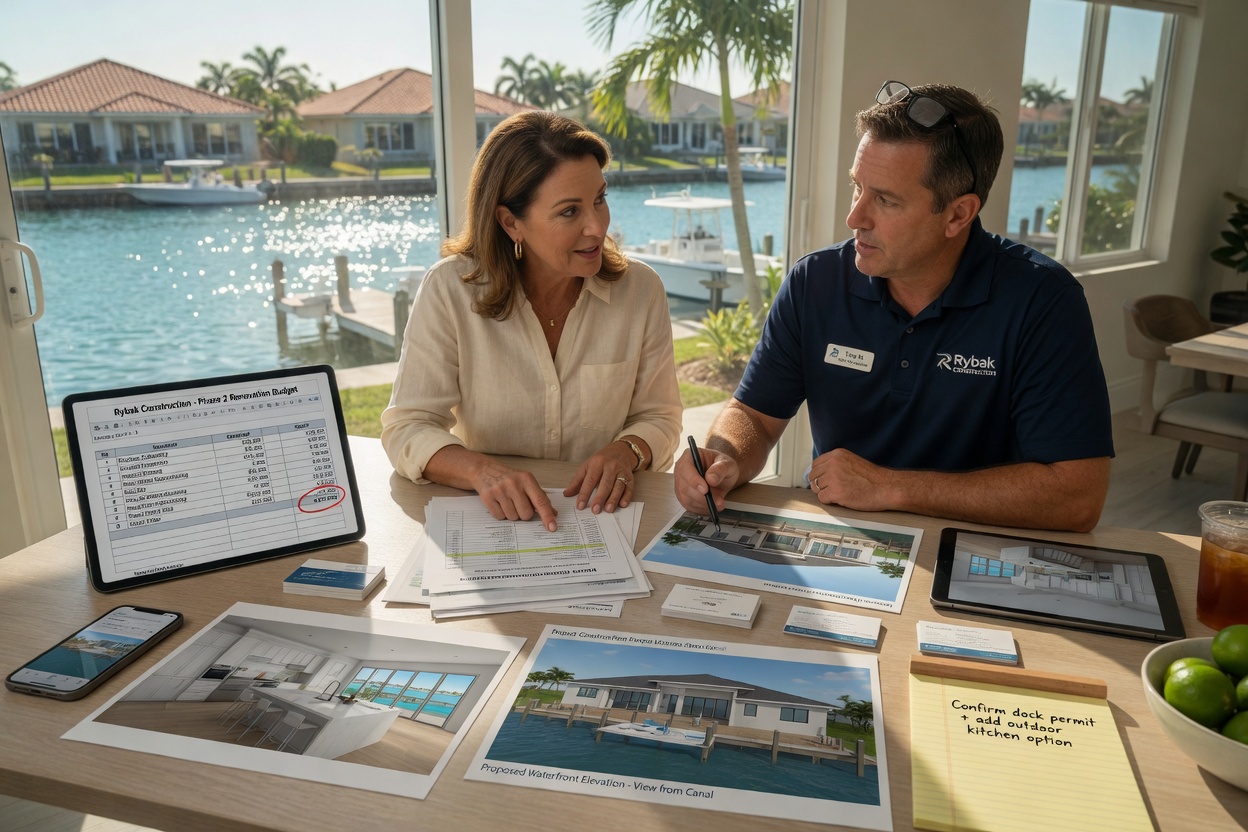 Homeowner reviewing detailed renovation budget documents and 3D renderings with Rybak Construction project manager at kitchen table overlooking water in Cape Coral, natural light, realistic interaction, 8K