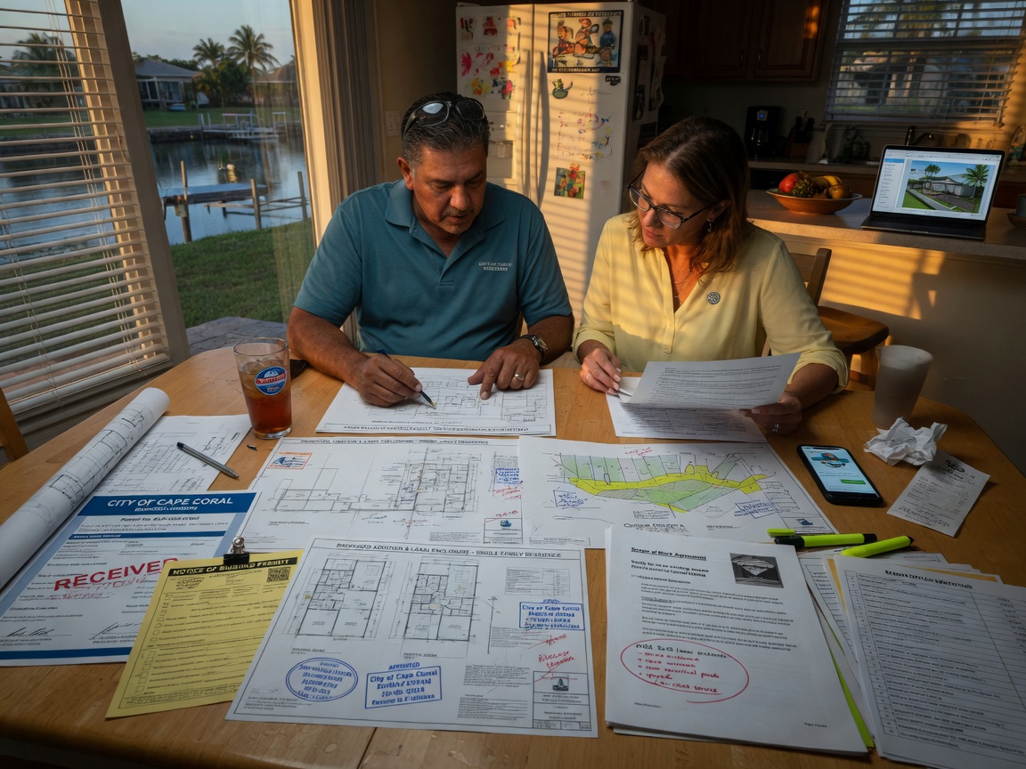 8K realistic image of City of Cape Coral building permit documents and construction plans spread across a kitchen table with contractor and homeowner discussing project scope