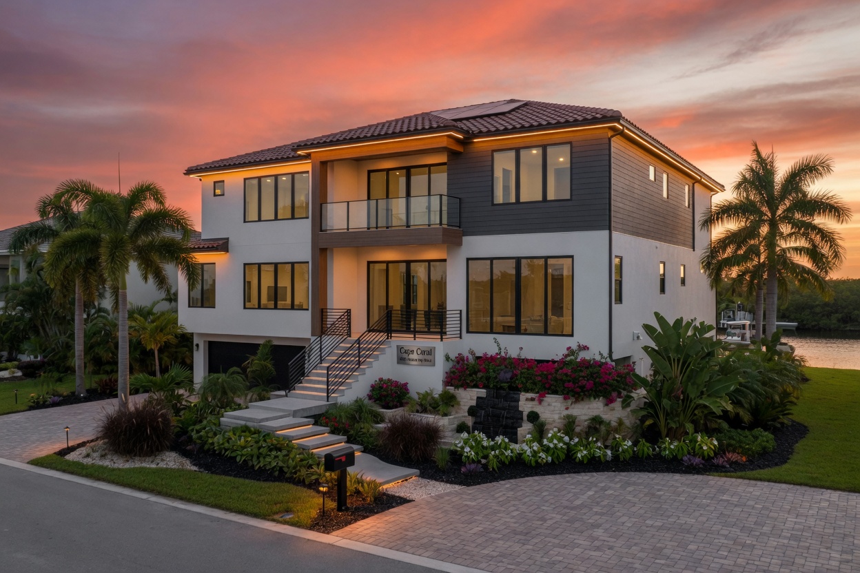 Modern Cape Coral home exterior after full renovation with new impact windows, raised elevation, beautiful landscaping, sunset lighting, ultra-realistic 8K architectural photography