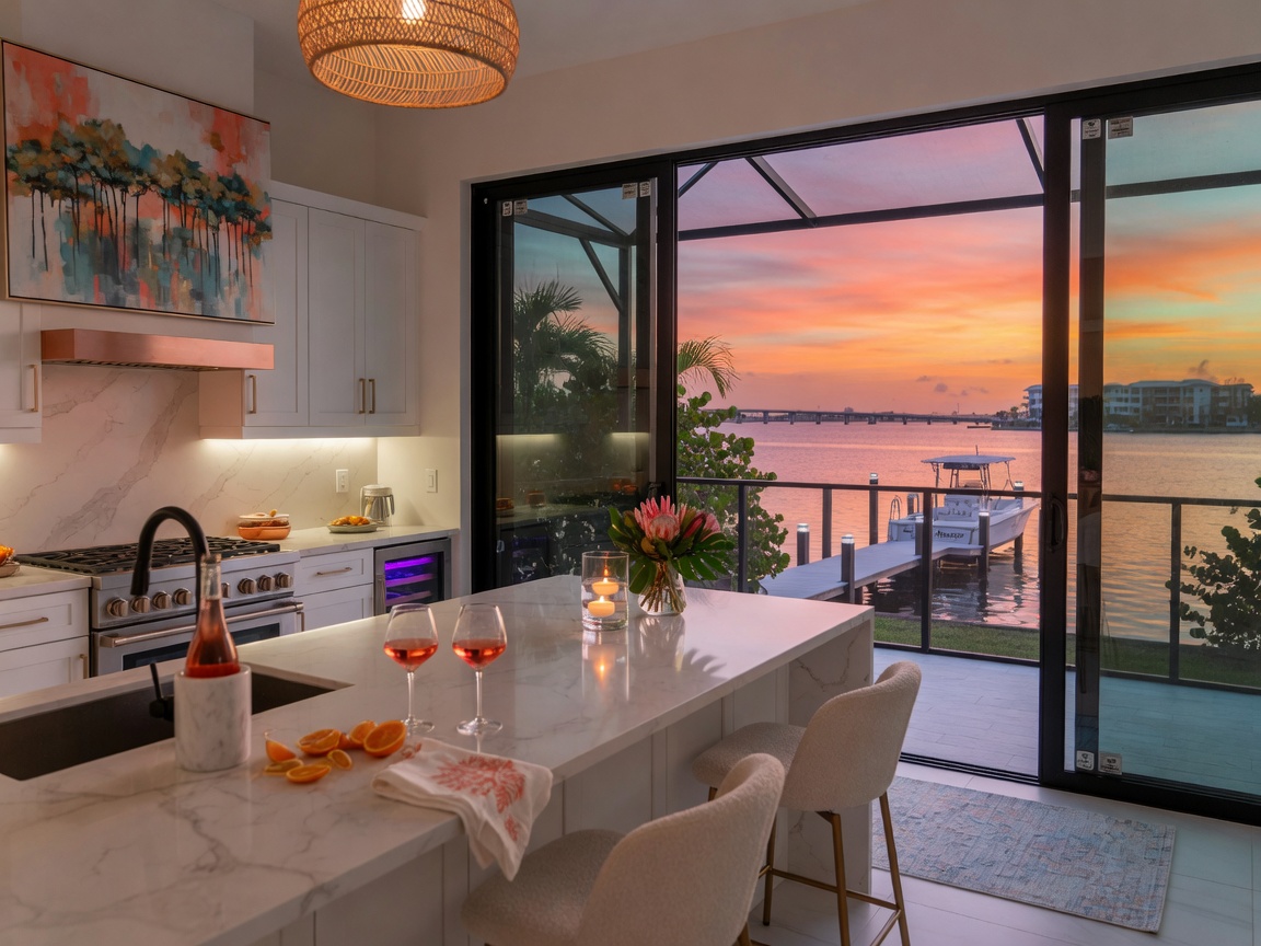 Ultra-detailed 8K photograph of a waterfront Cape Coral kitchen with impact-resistant sliding glass doors, modern furnishings, and stunning sunset view over the water