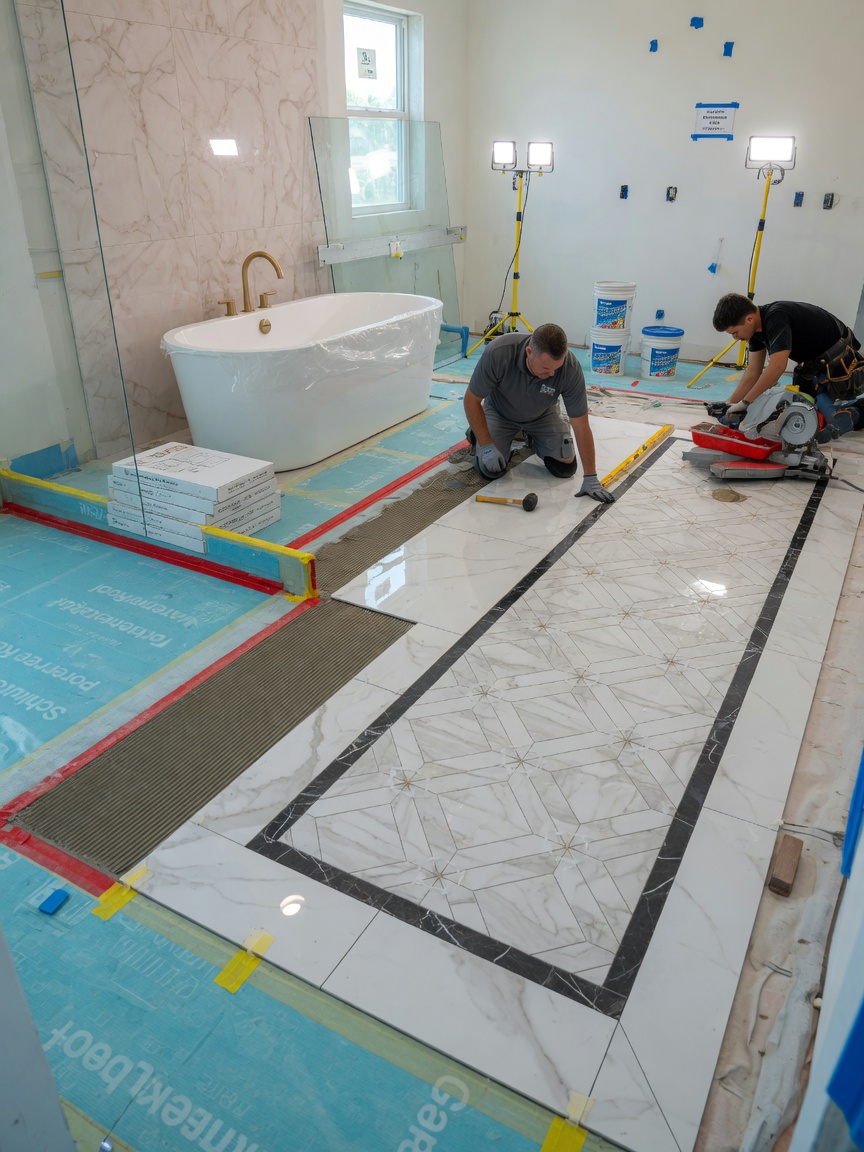 Porcelain tile being installed in luxury bathroom during Cape Coral renovation, waterproof membrane visible, detailed tile patterns, professional installers, bright lighting, 8K realism