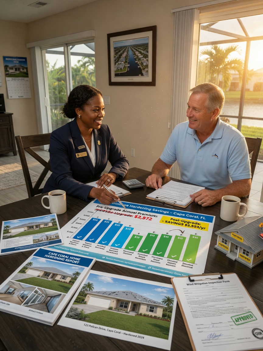 Insurance agent showing premium savings chart to Cape Coral homeowner after hurricane hardening upgrades, documents on table with home renderings, professional and positive atmosphere, ultra-realistic 8K