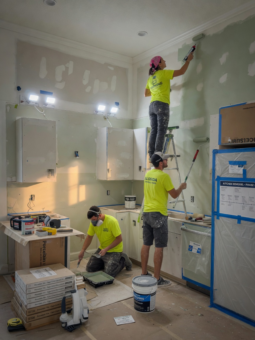 Ultra-realistic 8K construction site photo of a Cape Coral kitchen remodel in progress with drywall, painting, and finishing work being completed by local contractors