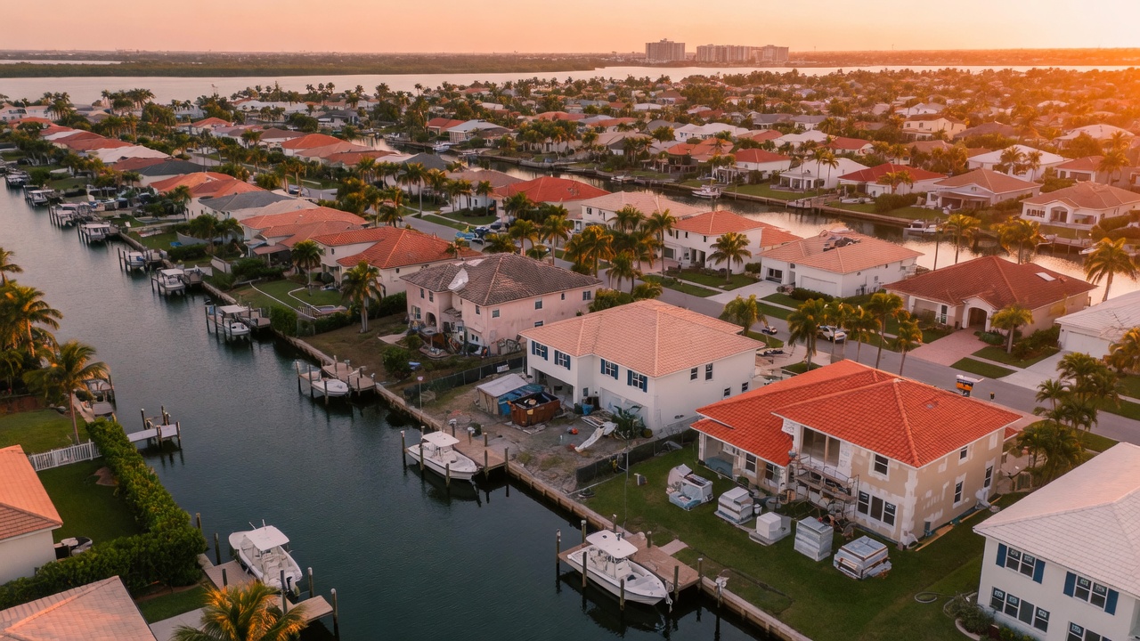 Aerial drone view of entire Cape Coral neighborhood with several homes in different stages of renovation, waterfront properties, new roofs visible, realistic Florida suburban landscape at golden hour, ultra-detailed 8K
