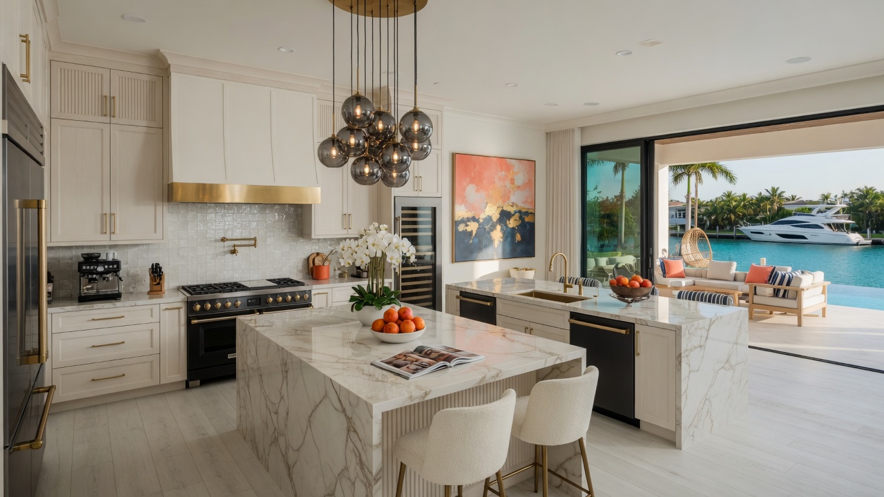 8K cinematic wide-angle photograph of a beautifully renovated luxury kitchen in a Cape Coral canal-front home with premium finishes and open concept design leading to outdoor living space