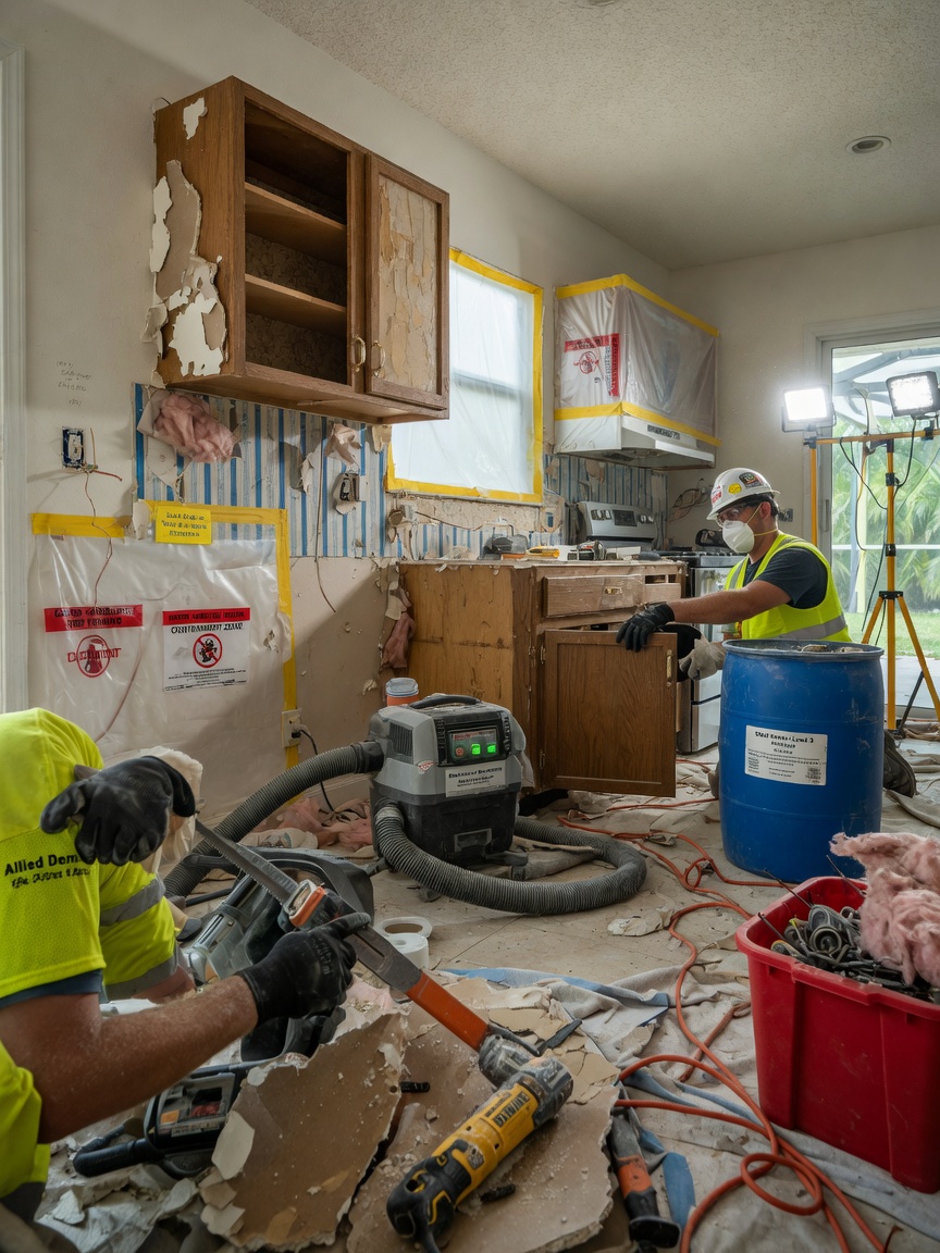 Close-up ultra-realistic 8K image of professional demolition crew carefully removing old kitchen cabinets and drywall inside a Cape Coral home, dust control measures visible, bright lighting, construction tools and debris containers, highly detailed textures