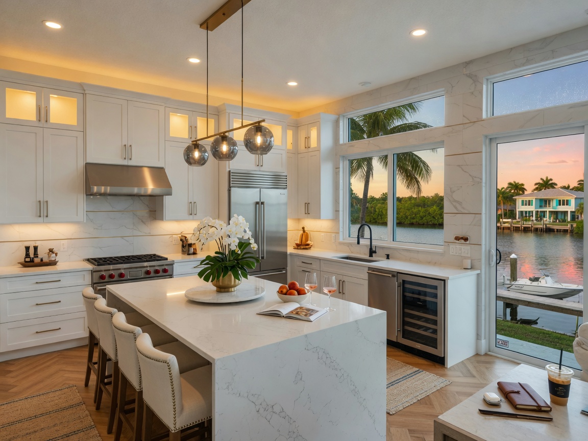 Luxurious modern kitchen renovation in Cape Coral home, ultra-realistic 8K, white shaker cabinets, large quartz island, stainless steel appliances, impact glass windows overlooking canal, warm lighting, photorealistic details