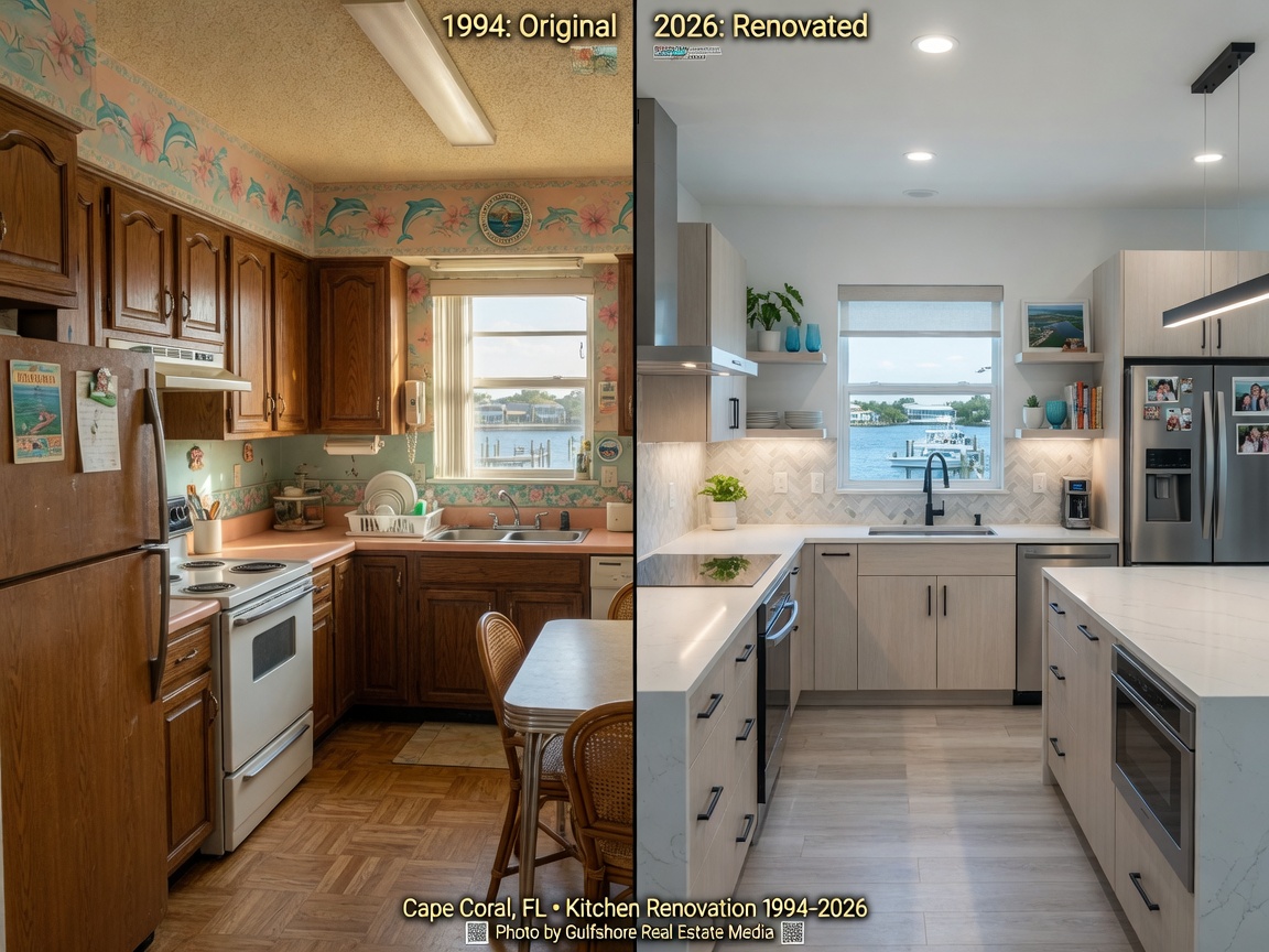 Ultra-realistic 8K photograph showing before and after split view of a Cape Coral kitchen renovation, left side dated 1990s kitchen, right side 2026 modern updated version, natural lighting