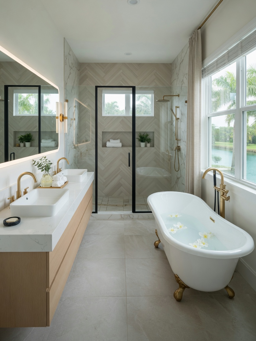 Elegant master bathroom renovation with walk-in shower, freestanding tub, porcelain tile floors, quartz countertops, ultra-realistic 8K, natural light from impact windows, modern fixtures, spa-like atmosphere in Cape Coral residence
