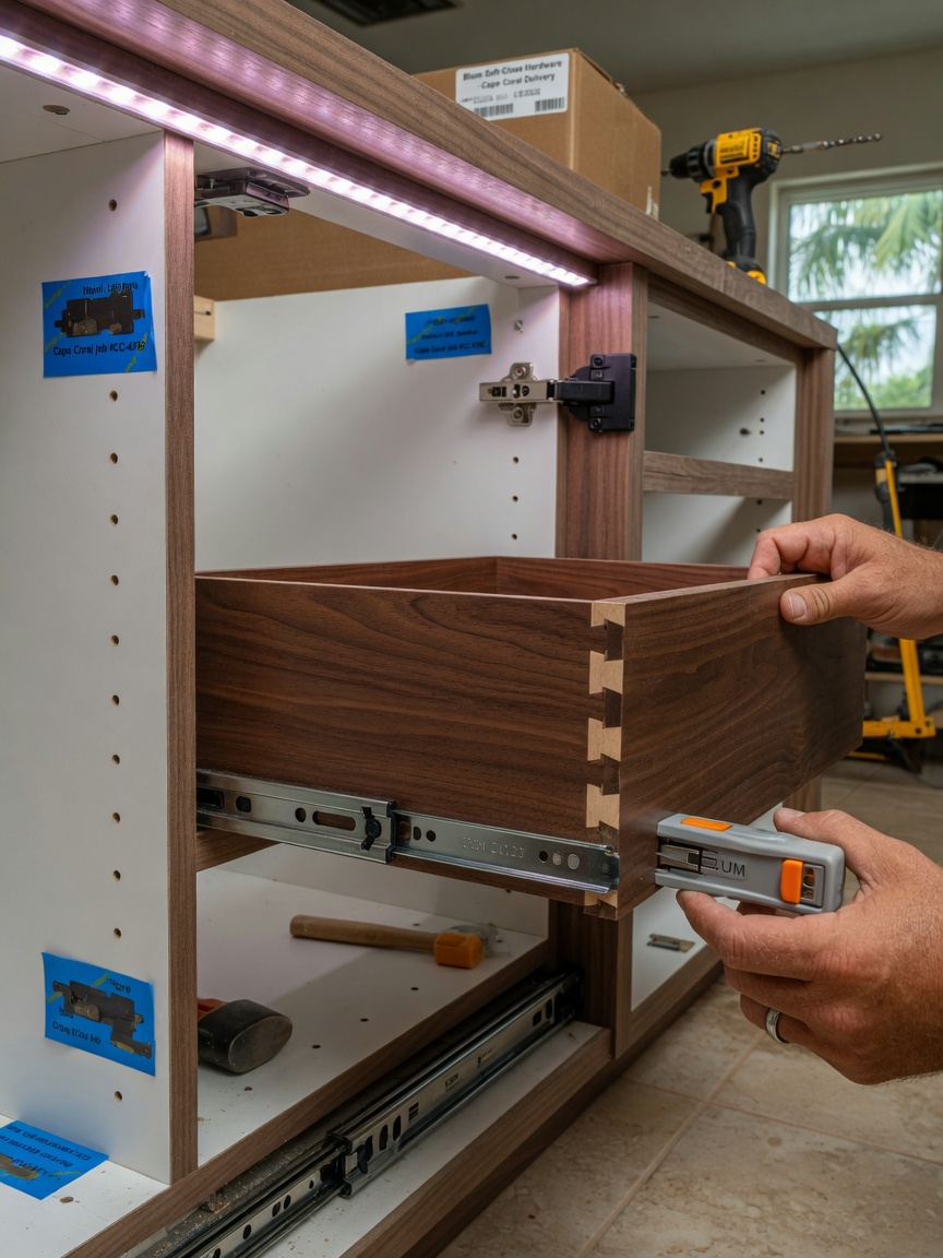 Close-up 8K ultra-realistic image of soft-close custom kitchen cabinetry with dovetail joints and high-end hardware being installed in a Cape Coral home, carpenter hands visible, workshop lighting