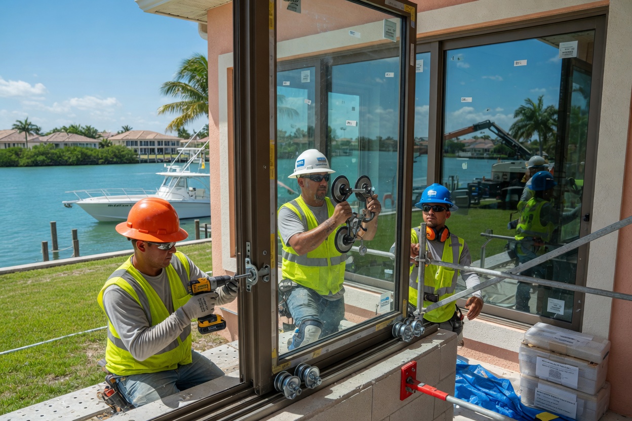Ultra-realistic 8K photograph of impact resistant hurricane windows and doors being installed on a Cape Coral waterfront home, construction workers in safety gear, detailed hardware and glass reflections, bright Florida sunlight