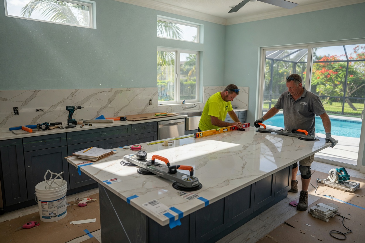 Ultra-detailed 8K photo of quartz countertop installation in Southwest Florida kitchen, professional installers positioning large slab, tools and levels visible, bright daytime lighting