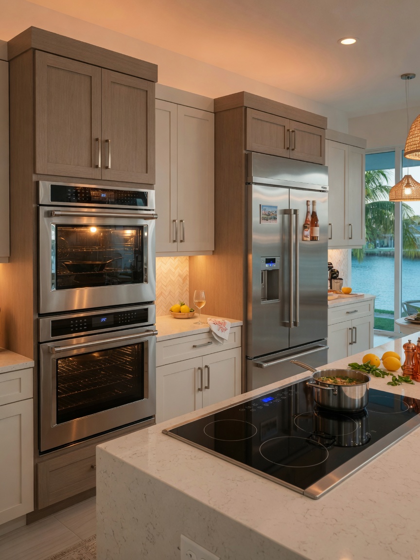 8K realistic image of luxury stainless steel appliance package in a Cape Coral kitchen including double oven, induction cooktop, and paneled refrigerator, warm interior lighting