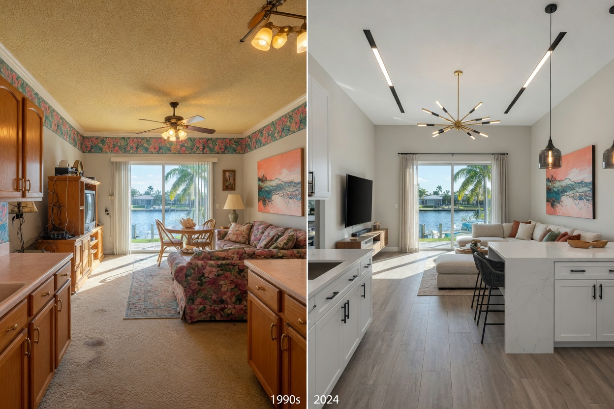 Ultra-realistic 8K before and after split image of Cape Coral home renovation showing outdated 1990s interior transforming into modern open concept living space with new flooring and lighting