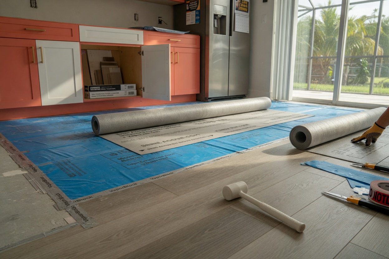 Ultra-realistic 8K photograph of luxury vinyl plank flooring being installed in a Cape Coral kitchen, showing moisture barrier and underlayment layers, construction phase