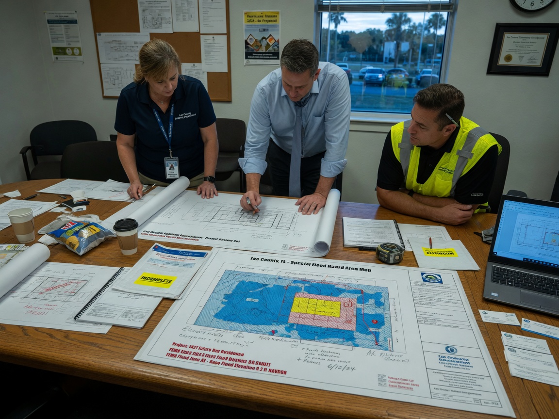 Professional Lee County building department permit review meeting with architect and contractor discussing plans on large table, blueprints and flood zone maps visible, realistic office environment, 8K detail