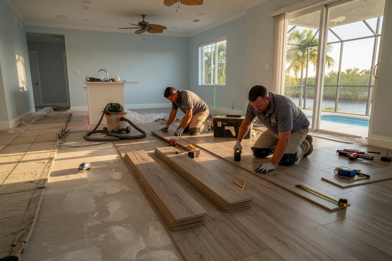 Luxury vinyl plank flooring installation process in Cape Coral home, ultra-realistic 8K, workers laying waterproof flooring, subfloor preparation, tools and materials visible, bright interior lighting
