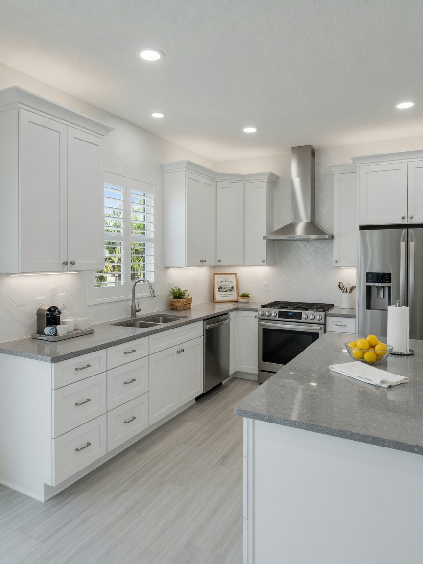 Ultra-realistic 8K photo of mid-range kitchen remodel in Cape Coral featuring white cabinets, gray quartz counters, and stainless steel appliances, bright and clean aesthetic