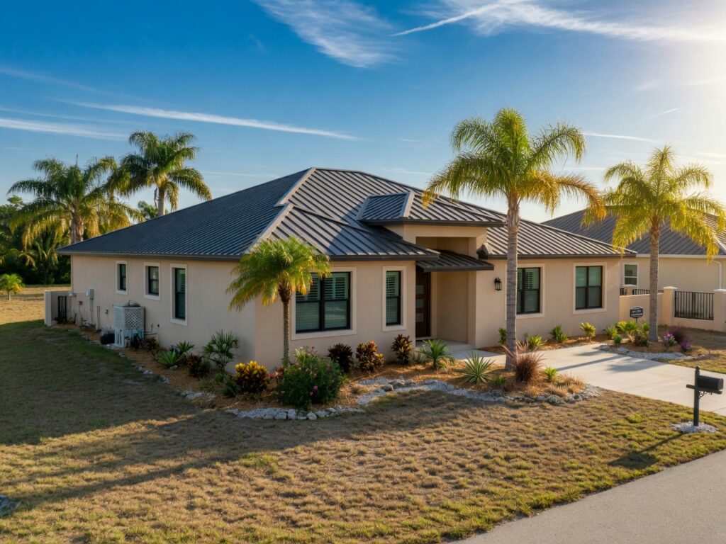 Ultra-realistic 8K photorealistic image of a modern single-family home with clean beige stucco exterior, impact-resistant windows, metal roof, and lush landscaping on a dry lot in Cape Coral Florida, bright Southwest Florida sunlight, blue sky, professional landscaping, no luxury excess