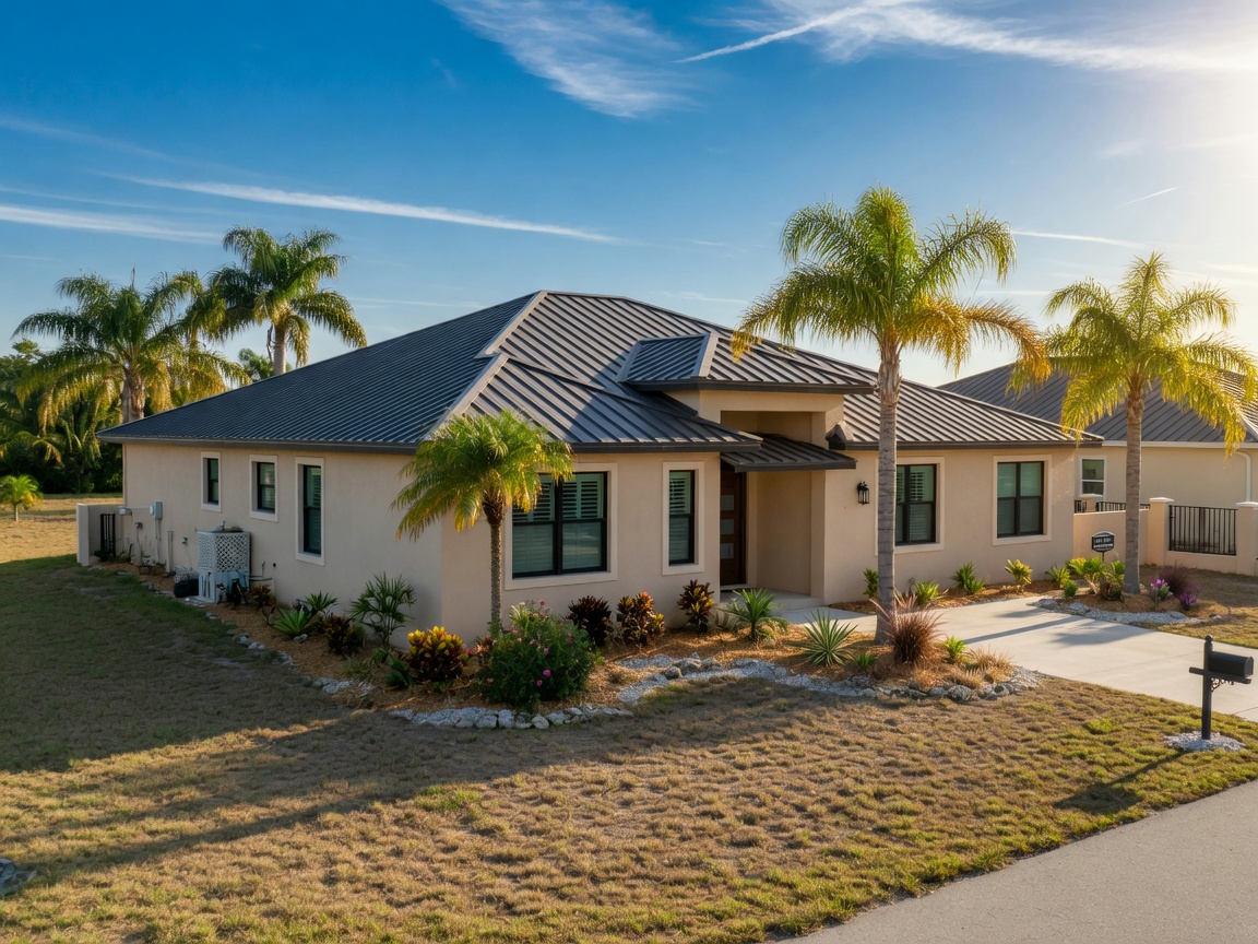 Ultra-realistic 8K photorealistic image of a modern single-family home with clean beige stucco exterior, impact-resistant windows, metal roof, and lush landscaping on a dry lot in Cape Coral Florida, bright Southwest Florida sunlight, blue sky, professional landscaping, no luxury excess