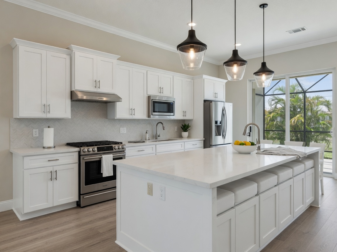 Ultra-realistic 8K photorealistic kitchen interior of a new construction home in Cape Coral featuring white shaker cabinets, stainless steel appliances, large island, pendant lighting, and neutral color scheme with natural light