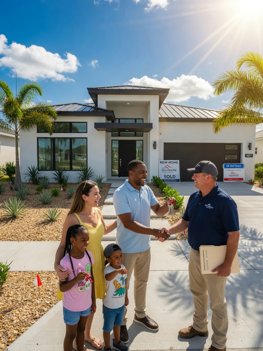 Ultra-realistic 8K photorealistic image of a family standing outside their newly completed modern home in Cape Coral, holding keys, smiling, with the builder shaking hands, bright sunny day, realistic and warm atmosphere