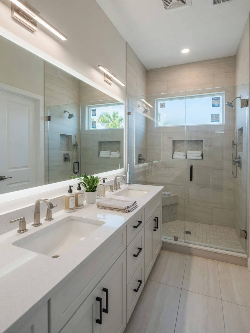 Ultra-realistic 8K photorealistic bathroom interior in a new Cape Coral home, neutral tile, walk-in shower with glass door, double vanity, bright lighting, clean and functional design with impact window
