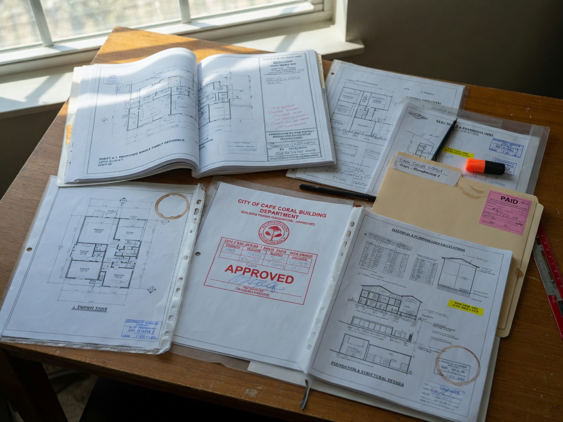 Ultra-realistic 8K photorealistic image of building permit documents, architectural plans, and engineering drawings laid out on a table with a Cape Coral building department stamp visible, natural window light