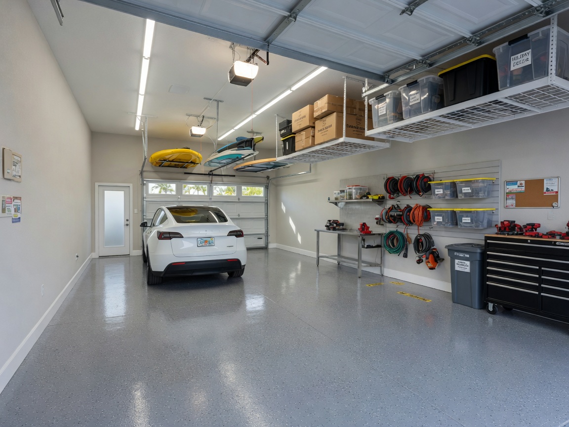 Ultra-realistic 8K photorealistic image of a two-car garage interior in a newly built Cape Coral home, epoxy floor coating, overhead storage, bright LED lighting, clean organized space with neutral walls