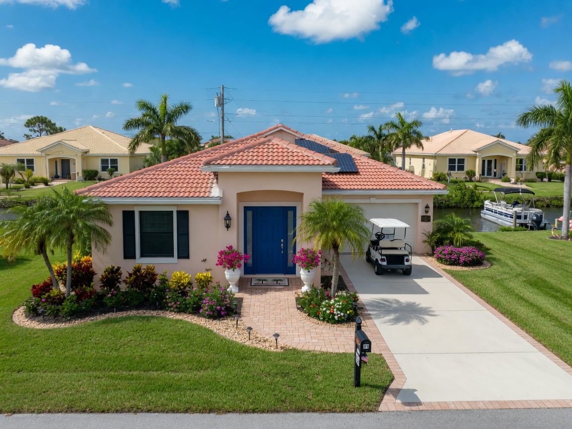 Ultra-realistic 8K photorealistic wide-angle exterior shot of a completed one-story stucco home with landscaping, driveway, and impact front door in a quiet Cape Coral neighborhood under vibrant Florida sunlight